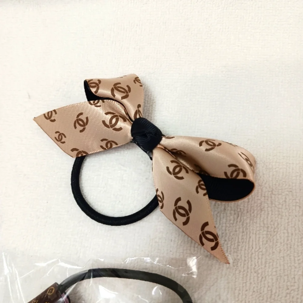 2 Fashion Hair Bands BOWS Monogram Ponytail Holder Ribbon BROWN BEIGE‎ Brand New